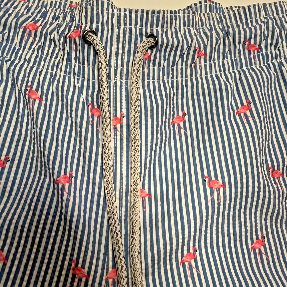 Rainforest Men's L Swim Trunks Bering Sea Navy Stripe Pink Flamingo 4Way Stretch - Picture 2 of 9